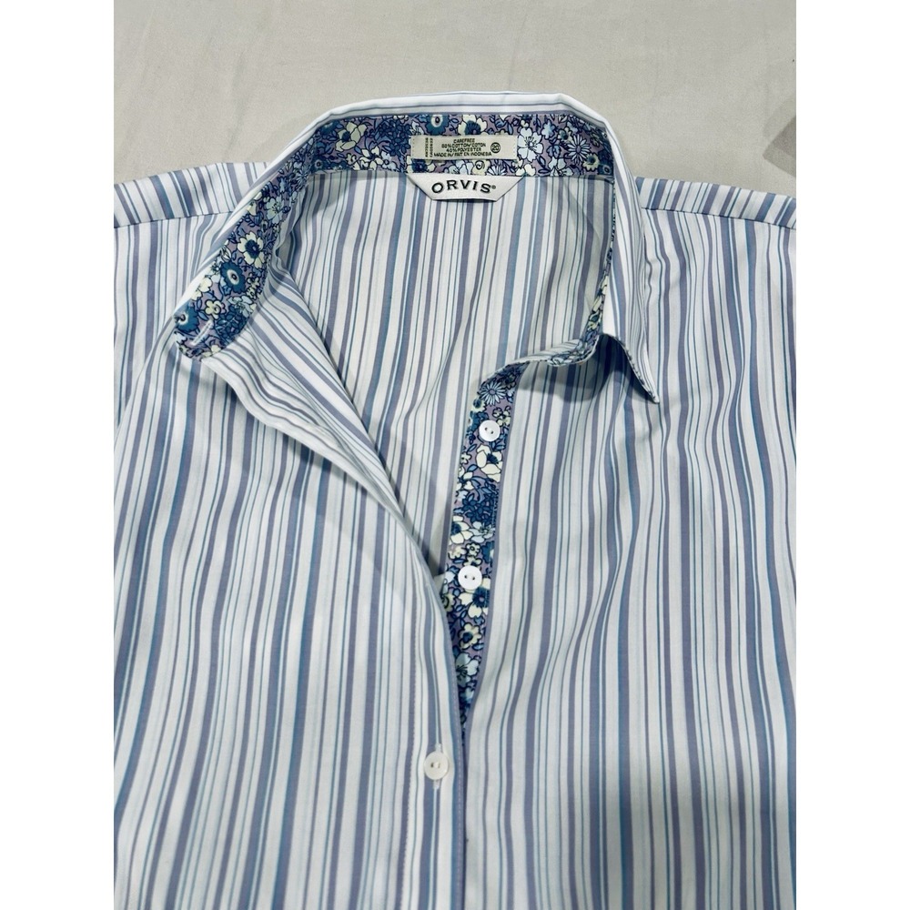 Orvis Carefree Cotton Blend Womens Blue Striped Contrast Collar Cuff Shirt Sz 20 - Picture 8 of 10